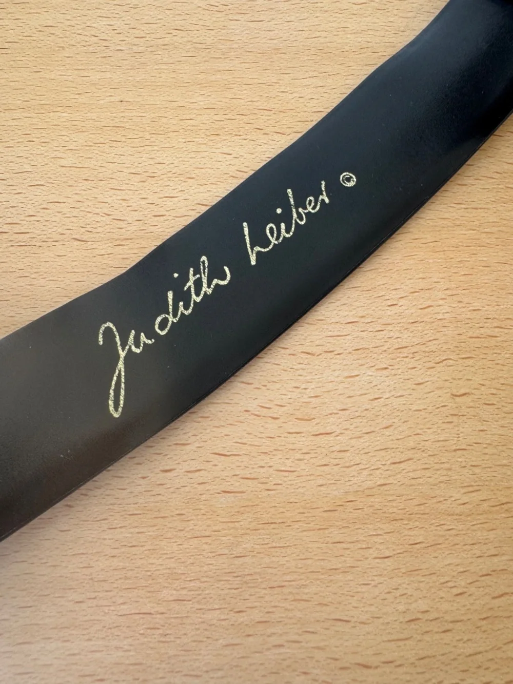 Vintage Judith Leiber Wide Black Leather Belt Ribbed Gold Tone Hinged Adjustable